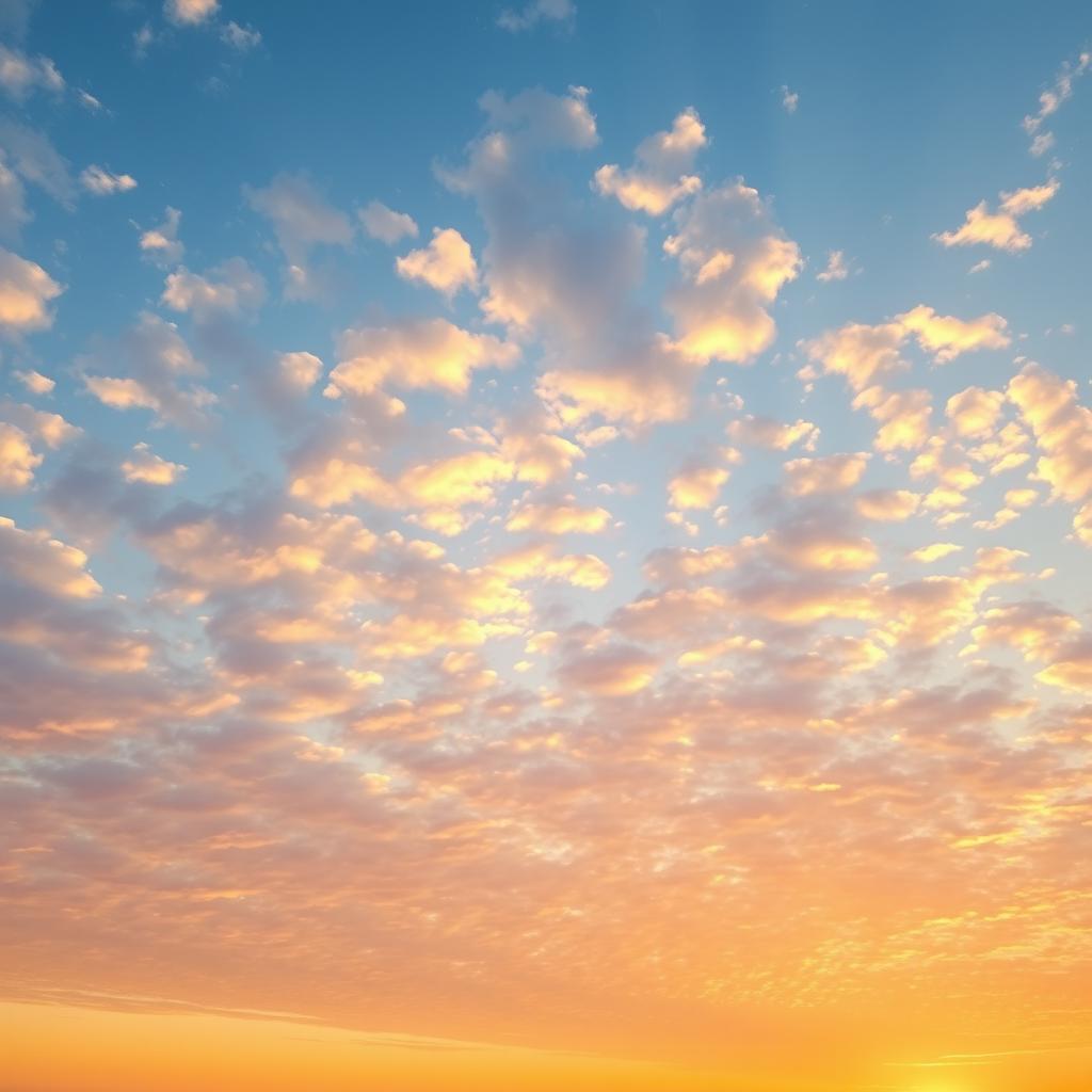 A magnificent sky filled with golden and pink hues during sunset, with soft clouds reflecting the glorious light