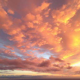 A magnificent sky filled with golden and pink hues during sunset, with soft clouds reflecting the glorious light