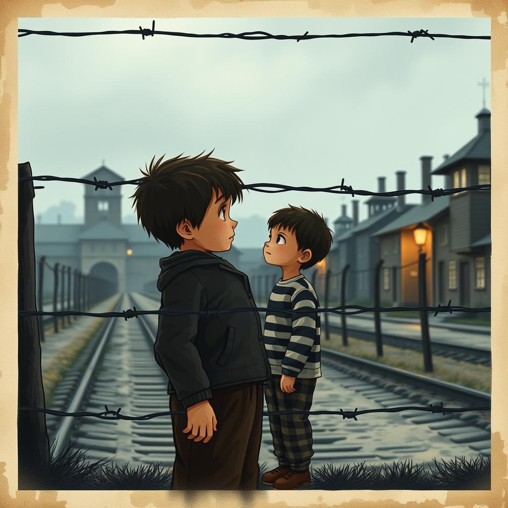 Emotive illustration from a movie poster depicting 9-year-old Bruno, a curious and innocent boy, standing at the boundary of Auschwitz concentration camp