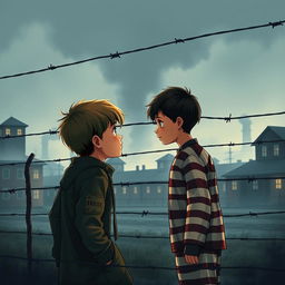 Emotive illustration from a movie poster depicting 9-year-old Bruno, a curious and innocent boy, standing at the boundary of Auschwitz concentration camp