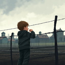 Emotive illustration from a movie poster depicting 9-year-old Bruno, a curious and innocent boy, standing at the boundary of Auschwitz concentration camp