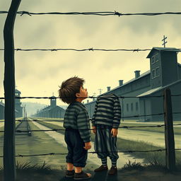 Emotive illustration from a movie poster depicting 9-year-old Bruno, a curious and innocent boy, standing at the boundary of Auschwitz concentration camp