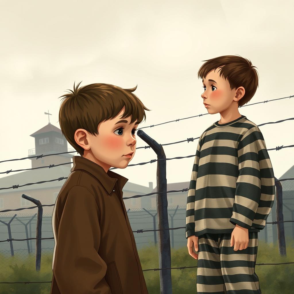 Impactful movie poster illustration depicting young Bruno, a 9-year-old boy with an innocent demeanor, standing near a barbed wire fence at the boundary of Auschwitz concentration camp