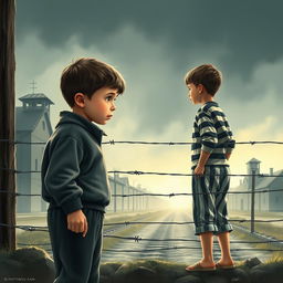 Impactful movie poster illustration depicting young Bruno, a 9-year-old boy with an innocent demeanor, standing near a barbed wire fence at the boundary of Auschwitz concentration camp