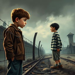 Impactful movie poster illustration depicting young Bruno, a 9-year-old boy with an innocent demeanor, standing near a barbed wire fence at the boundary of Auschwitz concentration camp