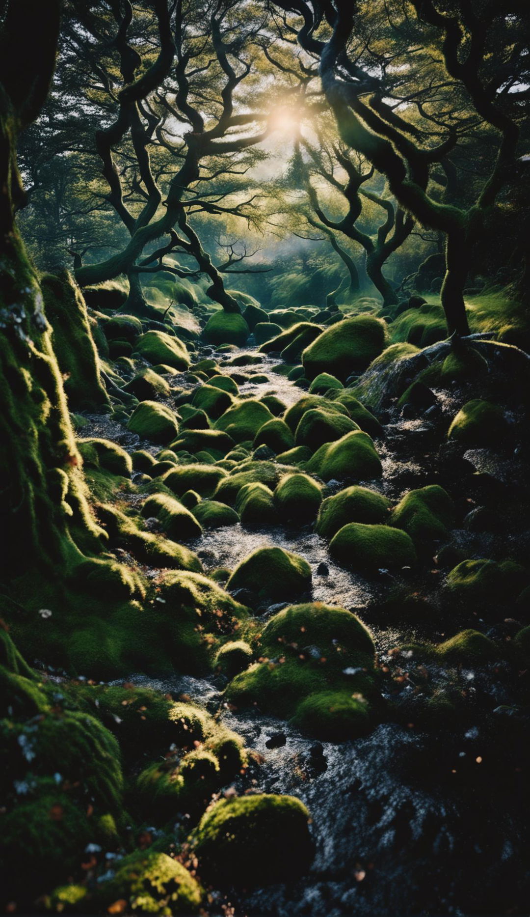 Ultra-detailed, professional photograph of an Irish forest at dawn with the Tuatha Dé Danann in the distance, embodying award-winning nature photography.