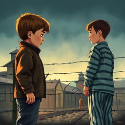 Impactful movie poster illustration depicting young Bruno, a 9-year-old boy with an innocent demeanor, standing near a barbed wire fence at the boundary of Auschwitz concentration camp