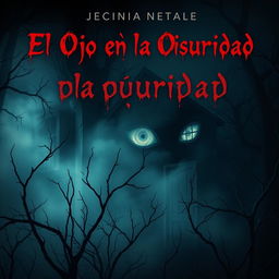 A chilling horror book cover for "El Ojo en la Oscuridad" featuring a dark, eerie forest at night