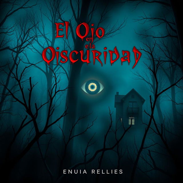 A chilling horror book cover for "El Ojo en la Oscuridad" featuring a dark, eerie forest at night