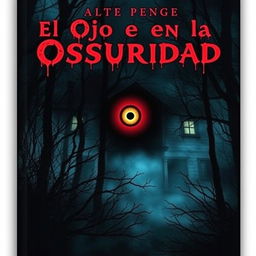 A chilling horror book cover for "El Ojo en la Oscuridad" featuring a dark, eerie forest at night