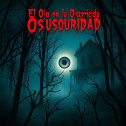 A chilling horror book cover for "El Ojo en la Oscuridad" featuring a dark, eerie forest at night