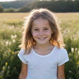 A portrait of a young girl with a radiant smile standing in a sunlit field of wildflowers.