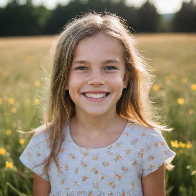 A portrait of a young girl with a radiant smile standing in a sunlit field of wildflowers.