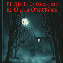 Una escalofriante portada de libro de terror para "El Ojo en la Oscuridad" que presenta un bosque oscuro y tenebroso por la noche