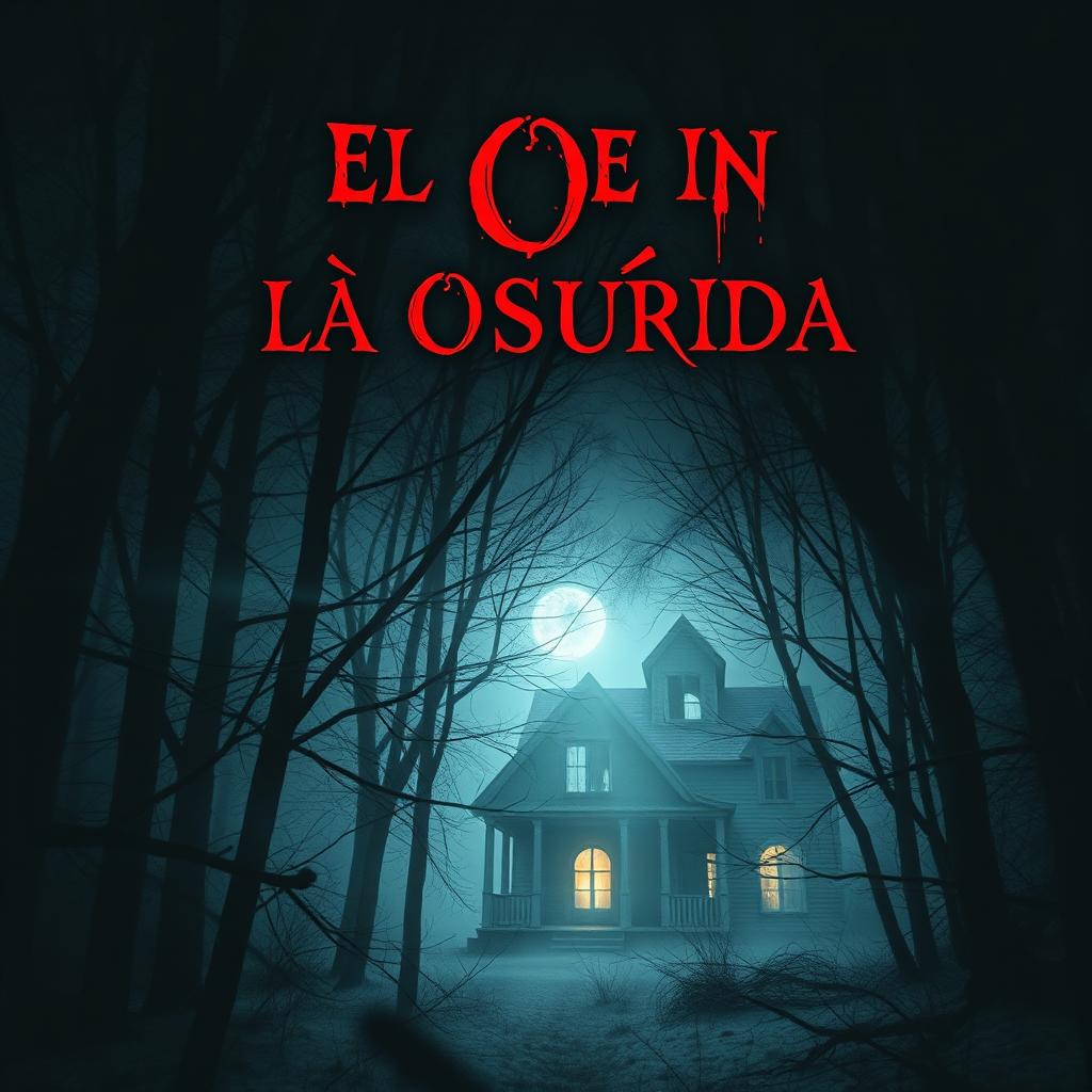 Una escalofriante portada de libro de terror para "El Ojo en la Oscuridad" que presenta un bosque oscuro y tenebroso por la noche