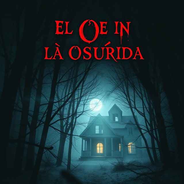 Una escalofriante portada de libro de terror para "El Ojo en la Oscuridad" que presenta un bosque oscuro y tenebroso por la noche