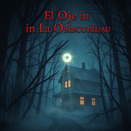 Una escalofriante portada de libro de terror para "El Ojo en la Oscuridad" que presenta un bosque oscuro y tenebroso por la noche