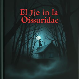 Una escalofriante portada de libro de terror para "El Ojo en la Oscuridad" que presenta un bosque oscuro y tenebroso por la noche