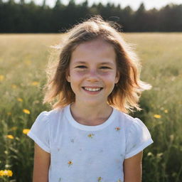 A portrait of a young girl with a radiant smile standing in a sunlit field of wildflowers.