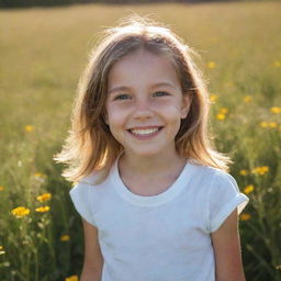 A portrait of a young girl with a radiant smile standing in a sunlit field of wildflowers.