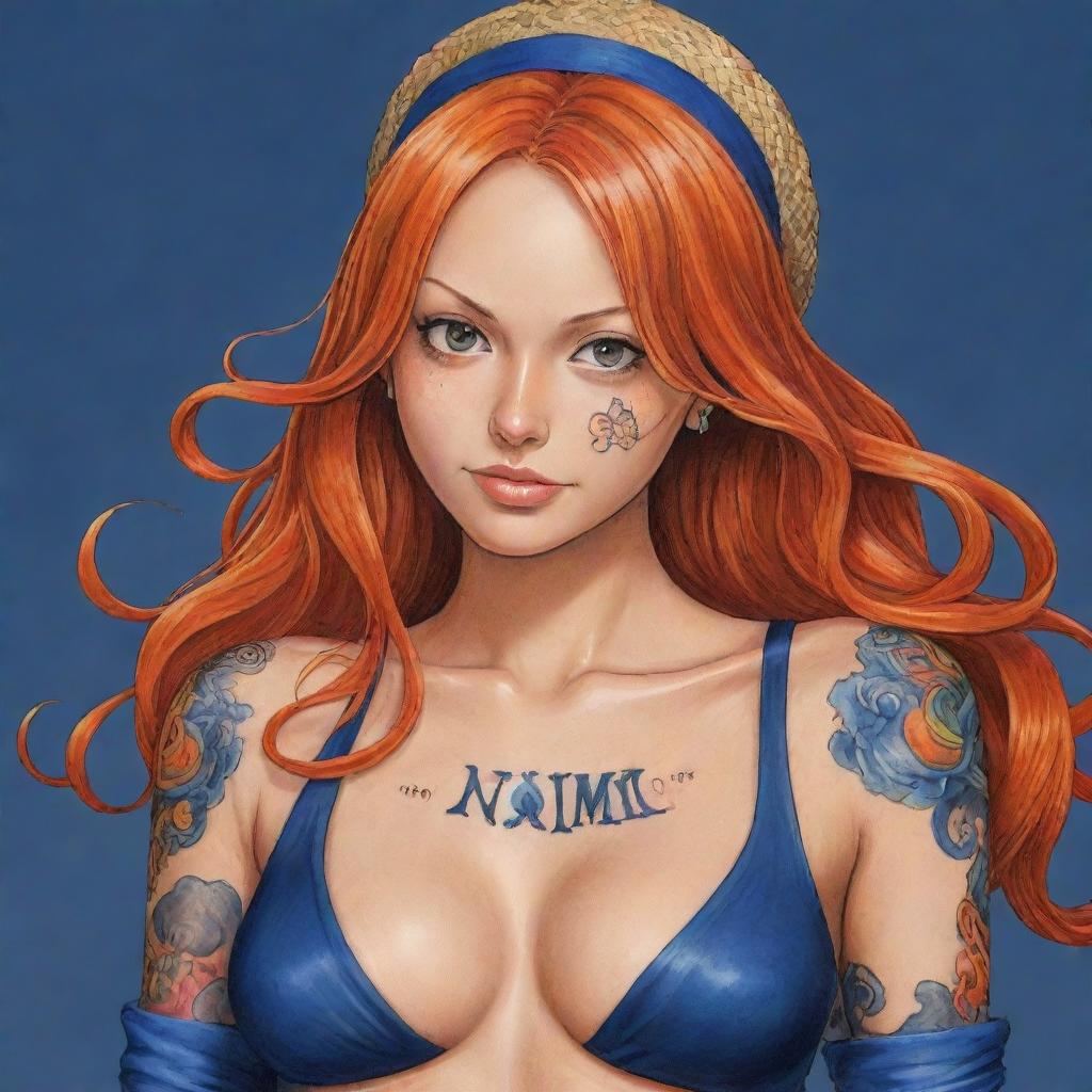 Detailed illustration of Nami, a character from One Piece, with her vibrant orange hair and navy blue tattoo.