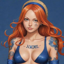 Detailed illustration of Nami, a character from One Piece, with her vibrant orange hair and navy blue tattoo.