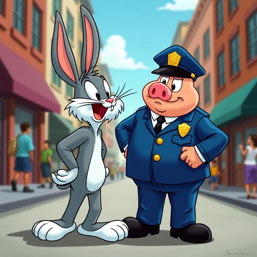 Bugs Bunny with his hands behind his back, looking mischievous as he's being gently arrested by a stern police officer pig in a cartoonish city street setting