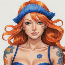 Detailed illustration of Nami, a character from One Piece, with her vibrant orange hair and navy blue tattoo.