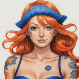 Detailed illustration of Nami, a character from One Piece, with her vibrant orange hair and navy blue tattoo.