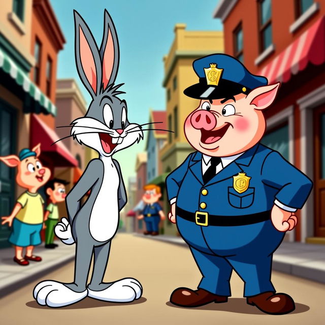 Bugs Bunny with his hands behind his back, displaying his trademark smirk, as he's humorously being arrested by a stern police officer pig on a lively and bustling cartoon street