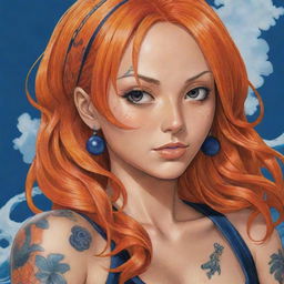 Detailed illustration of Nami, a character from One Piece, with her vibrant orange hair and navy blue tattoo.