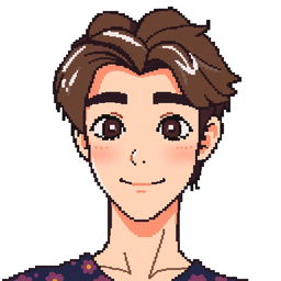 A pixel-art rendition of a young adult male with light skin tone, wearing a dark floral patterned shirt