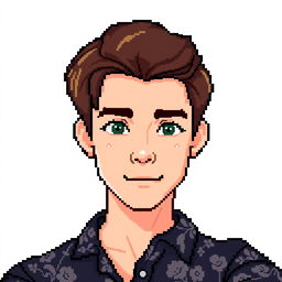 A pixel-art rendition of a young adult male with light skin tone, wearing a dark floral patterned shirt