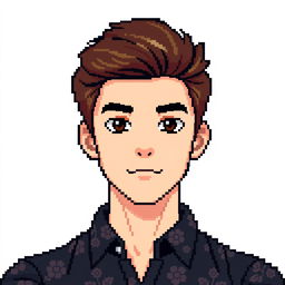 A pixel-art rendition of a young adult male with light skin tone, wearing a dark floral patterned shirt