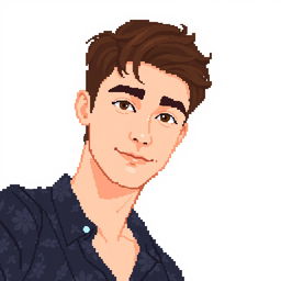 A pixel-art rendition of a young adult male with light skin tone, wearing a dark floral patterned shirt