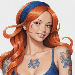 Detailed illustration of Nami, a character from One Piece, with her vibrant orange hair and navy blue tattoo.