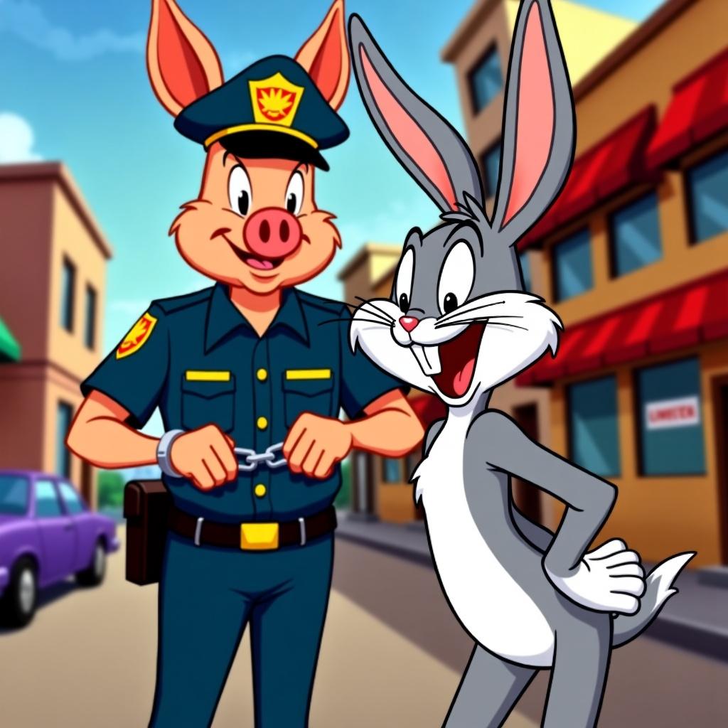 Bugs Bunny, the classic animated character, faces the camera with a wide, cheerful laugh, exuding his playful demeanor