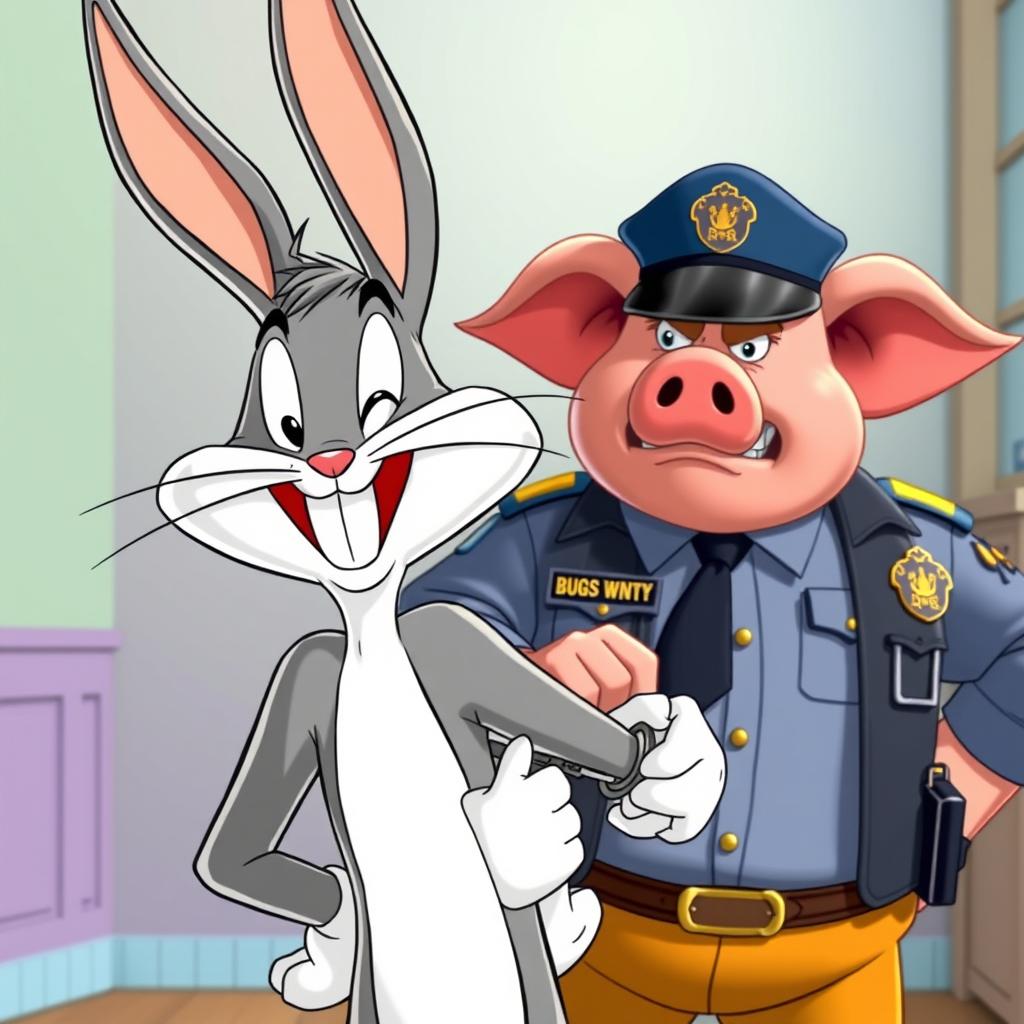 Bugs Bunny facing the camera with a wide, cheerful laugh, his hands placed casually behind his back