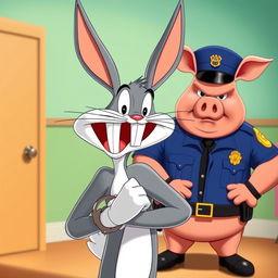 Bugs Bunny facing the camera with a wide, cheerful laugh, his hands placed casually behind his back