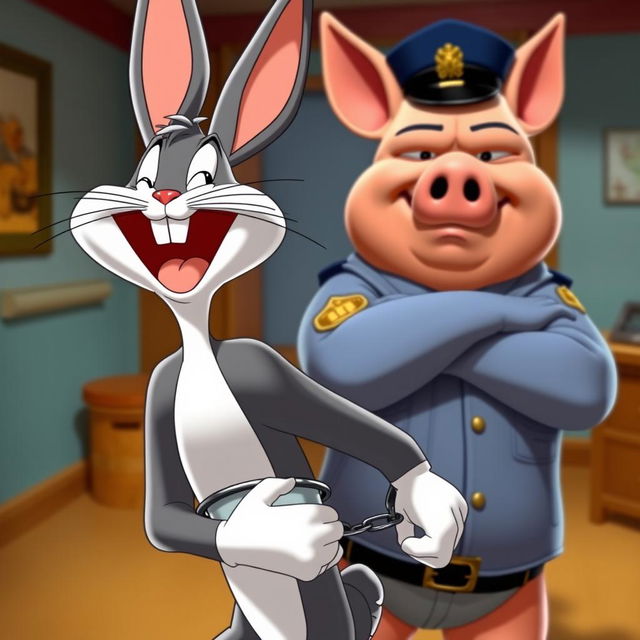 Bugs Bunny facing the camera with a wide, cheerful laugh, his hands placed casually behind his back