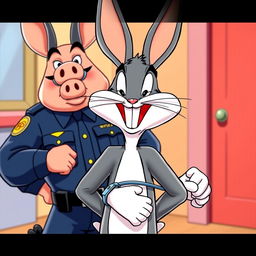 Bugs Bunny facing the camera with a wide, cheerful laugh, his hands placed casually behind his back