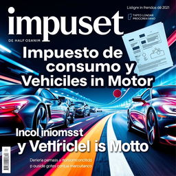 A magazine cover featuring the headline "Impuesto de Consumo y Vehículos de Motor", visually represented by a blend of automotive imagery like sleek car designs, dynamic wheels, and abstract representations of tax forms and legal documents