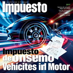 A magazine cover featuring the headline "Impuesto de Consumo y Vehículos de Motor", visually represented by a blend of automotive imagery like sleek car designs, dynamic wheels, and abstract representations of tax forms and legal documents