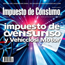 A magazine cover featuring the headline "Impuesto de Consumo y Vehículos de Motor", visually represented by a blend of automotive imagery like sleek car designs, dynamic wheels, and abstract representations of tax forms and legal documents