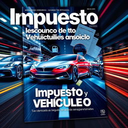 A magazine cover featuring the headline "Impuesto de Consumo y Vehículos de Motor", visually represented by a blend of automotive imagery like sleek car designs, dynamic wheels, and abstract representations of tax forms and legal documents