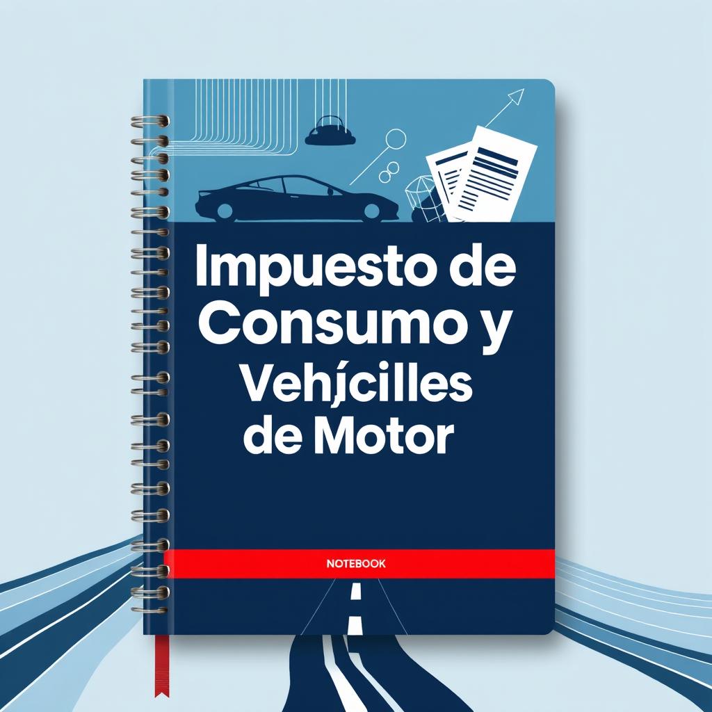 A notebook cover featuring the theme "Impuesto de Consumo y Vehículos de Motor", with a visual design that includes elements such as car silhouettes, abstract representations of roads, and stylized tax forms to imply financial and legal aspects related to vehicles