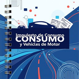 A notebook cover featuring the theme "Impuesto de Consumo y Vehículos de Motor", with a visual design that includes elements such as car silhouettes, abstract representations of roads, and stylized tax forms to imply financial and legal aspects related to vehicles