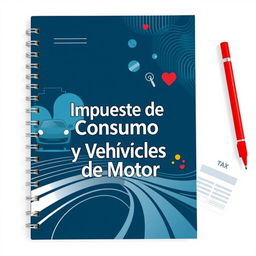 A notebook cover featuring the theme "Impuesto de Consumo y Vehículos de Motor", with a visual design that includes elements such as car silhouettes, abstract representations of roads, and stylized tax forms to imply financial and legal aspects related to vehicles