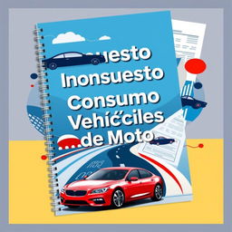 A notebook cover featuring the theme "Impuesto de Consumo y Vehículos de Motor", with a visual design that includes elements such as car silhouettes, abstract representations of roads, and stylized tax forms to imply financial and legal aspects related to vehicles