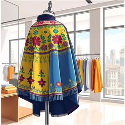 A detailed illustration of a capa, a traditional cloak from Iberian fashion, elegantly draped over a mannequin in a fashion showroom